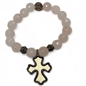 Light Pink Gemstone | Cross | St Benedict Medal Stretch Bracelet Size O/S NEW